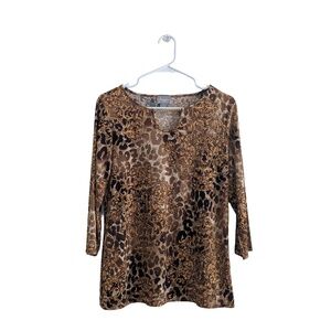 Chico's Travelers Tunic Top Size 1 Brown Animal Print Stretch Travel Blouse